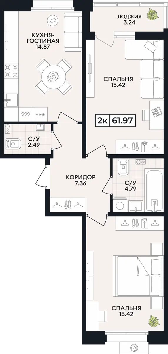Квартира 2-комн. 61.97 кв. м