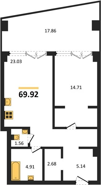 Апартаменты 1-комн. 69.82 кв. м