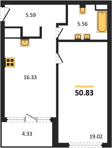 Квартира 1-комн. 50.83 кв. м