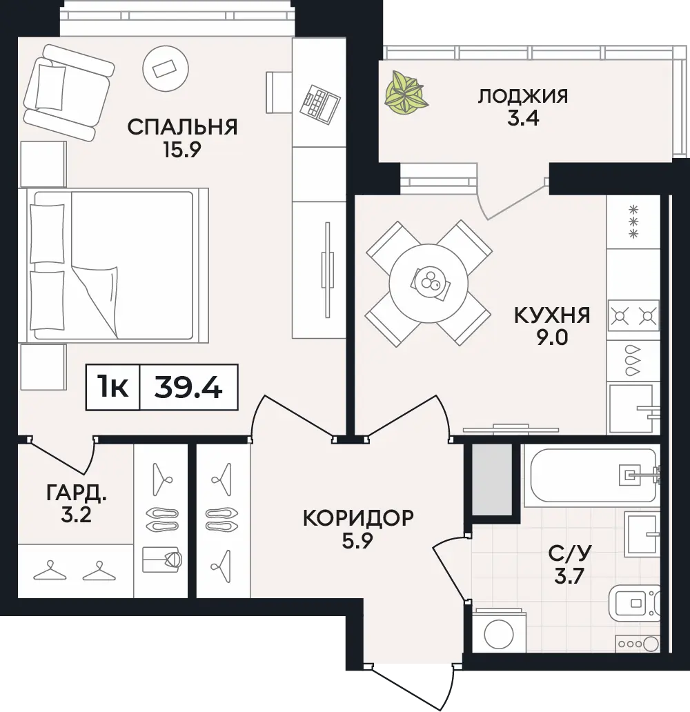Квартира 1-комн. 39.4 кв. м
