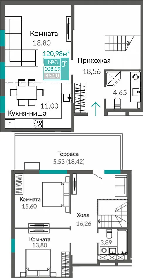 Квартира 3-комн. 108.09 кв.м