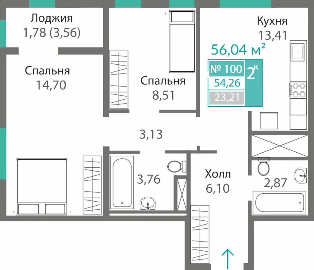 Квартира 2-комн. 54.26 кв.м