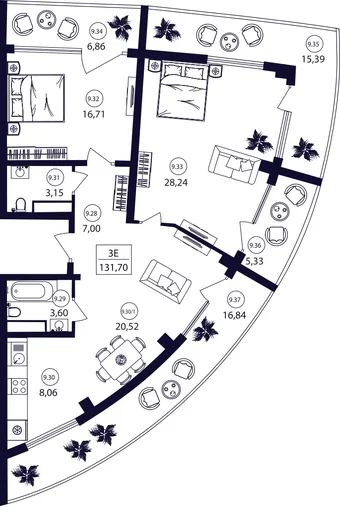 Апартаменты 3-комн. 131.7 кв. м