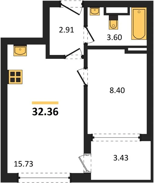 Квартира 1-комн. 32.36 кв. м