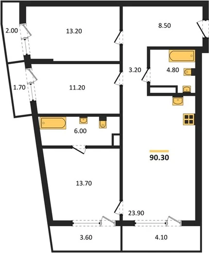 Квартира 3-комн. 90.3 кв. м