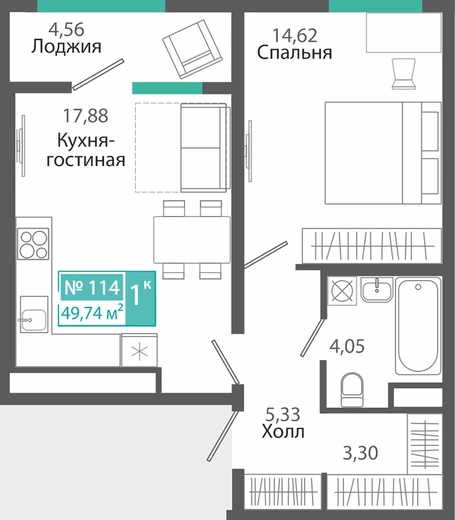 Квартира 1-комн. 49.74 кв.м