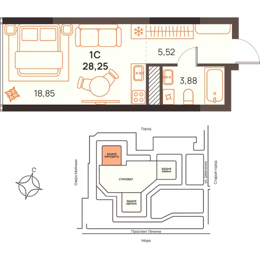 Квартира Студия 28.25 кв. м
