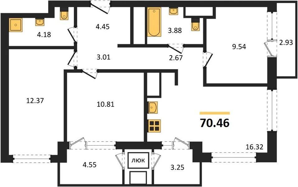 Квартира 3-комн. 70.46 кв. м