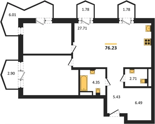 Квартира 2-комн. 76.23 кв. м