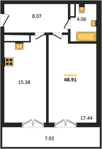 Квартира 1-комн. 48.91 кв. м