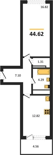 Квартира 1-комн. 44.62 кв. м