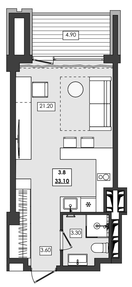 Апартаменты 1-комн. 33.1 кв. м