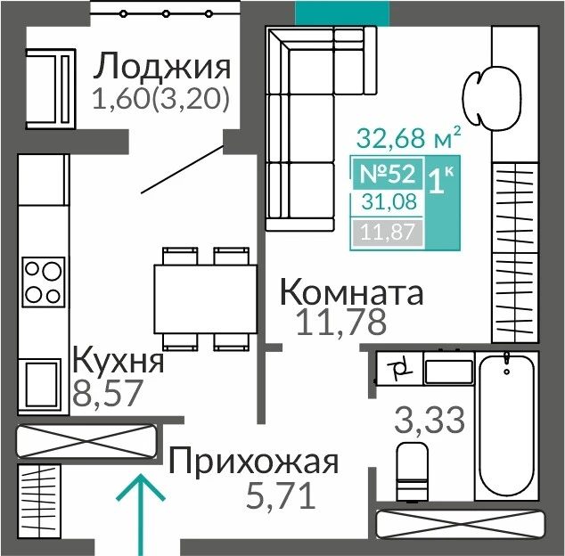 Квартира 1-комн. 31.08 кв.м