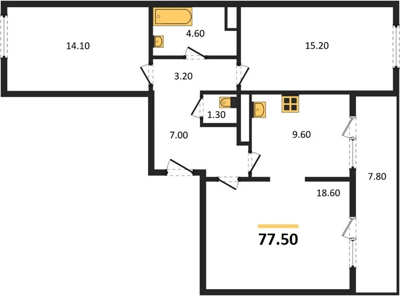 Квартира 3-комн. 77.5 кв. м