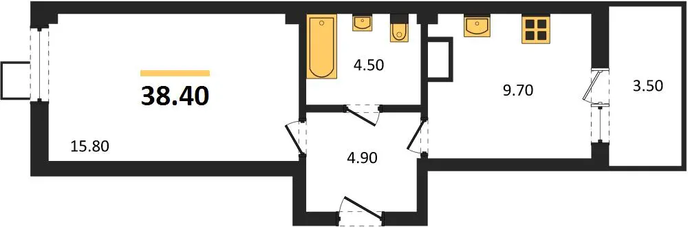 Квартира 1-комн. 38.4 кв. м