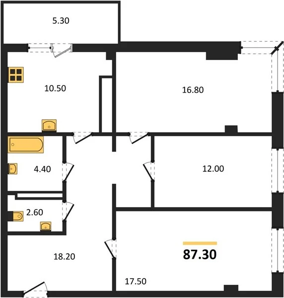 Квартира 3-комн. 87.3 кв. м