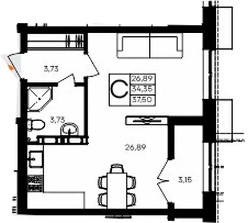 Квартира Студия 37.5 кв. м