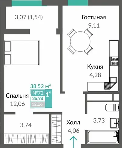 Квартира 1-комн. 38.52 кв.м