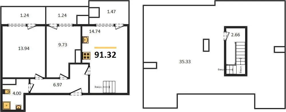 Квартира 2-комн. 91.32 кв. м