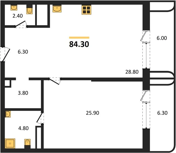 Квартира 1-комн. 84.3 кв. м