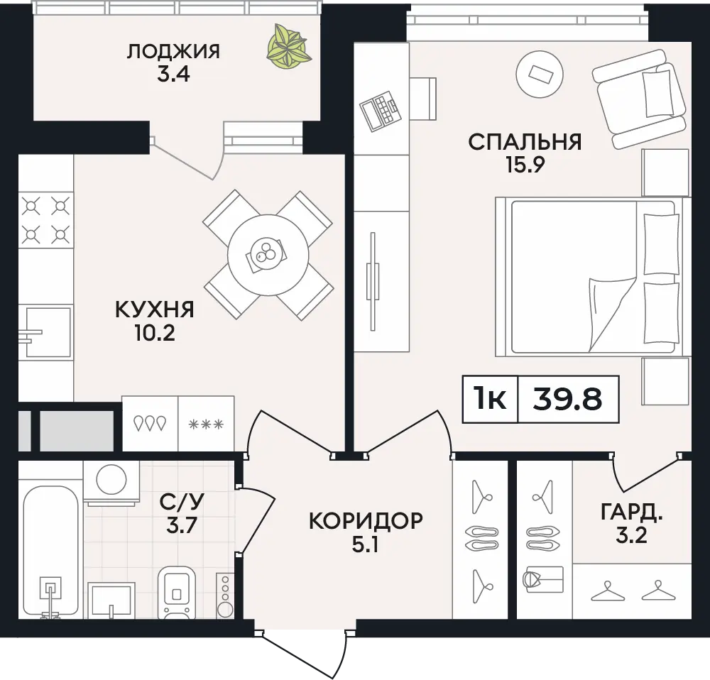 Квартира 1-комн. 39.8 кв. м