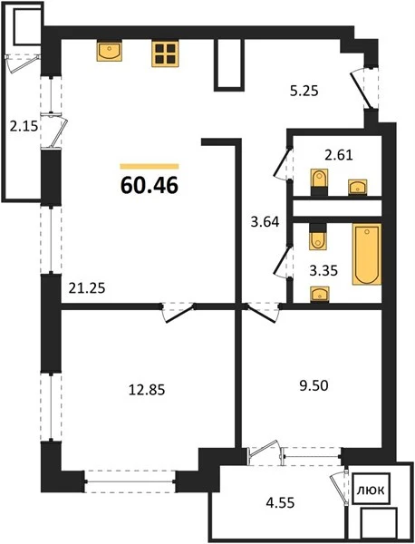 Квартира 2-комн. 60.46 кв. м