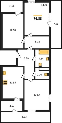 Квартира 3-комн. 76.88 кв. м