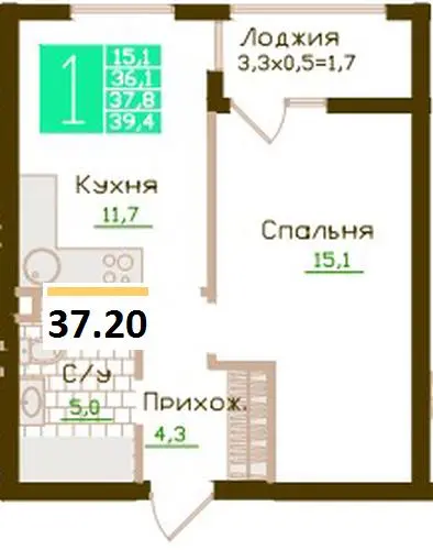 Квартира 1-комн. 37.2 кв. м