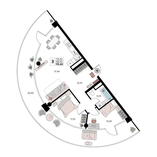 Апартаменты 3-комн. 115.4 кв. м