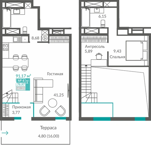 Квартира 1-комн. 79.97 кв.м