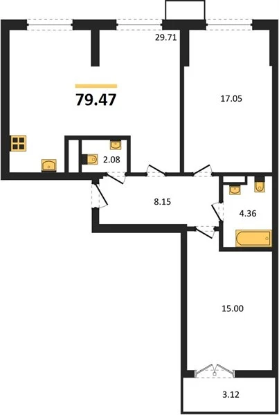Квартира 2-комн. 79.47 кв. м