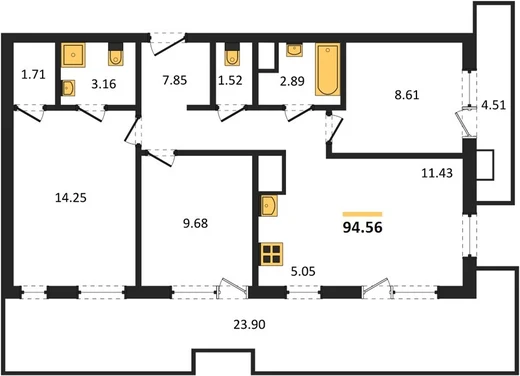 Апартаменты 3-комн. 94.56 кв. м