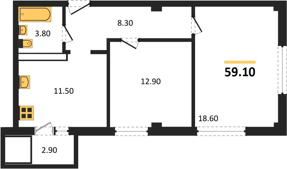 Квартира 2-комн. 59.1 кв. м