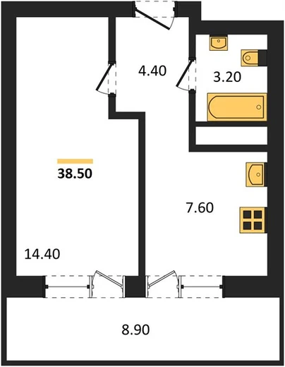 Квартира 1-комн. 38.5 кв. м