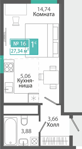 Квартира 1-комн. 27.34 кв.м