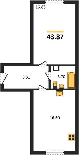 Квартира 1-комн. 43.87 кв. м