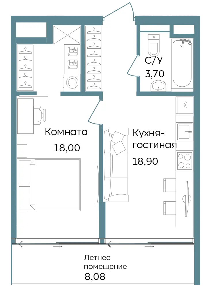 Апартаменты 1-комн. 48.68 кв. м