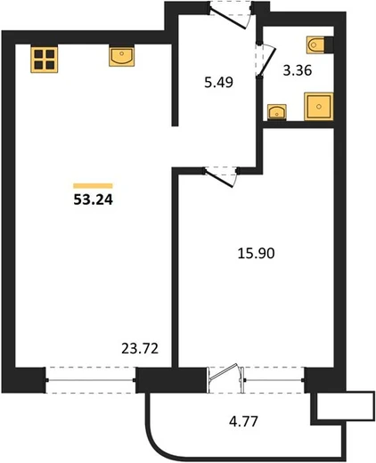 Апартаменты 1-комн. 53.24 кв. м