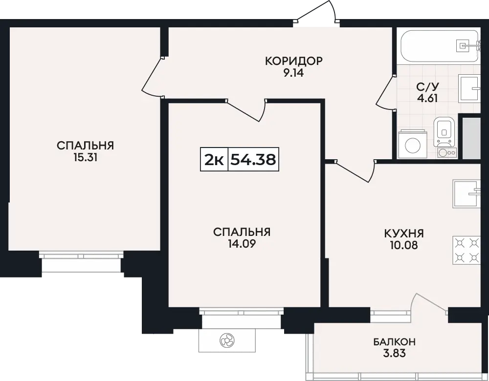 Квартира 2-комн. 54.38 кв. м