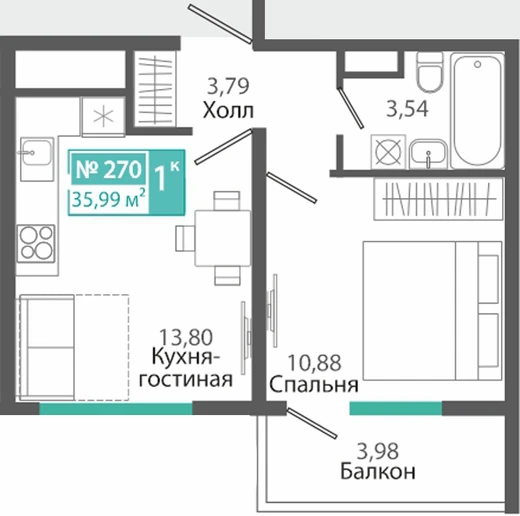 Квартира 1-комн. 35.99 кв.м