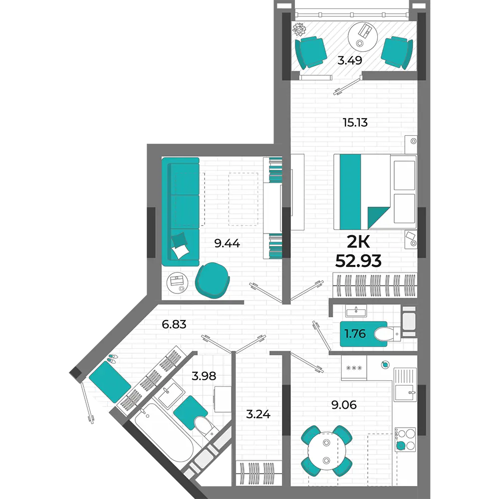 Квартира 2-комн. 52.93 кв. м