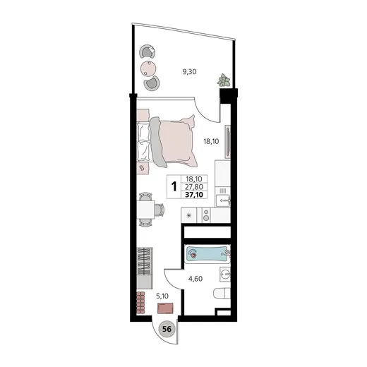 Апартаменты 1-комн. 37.1 кв. м