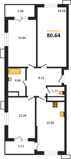 Квартира 3-комн. 80.64 кв. м