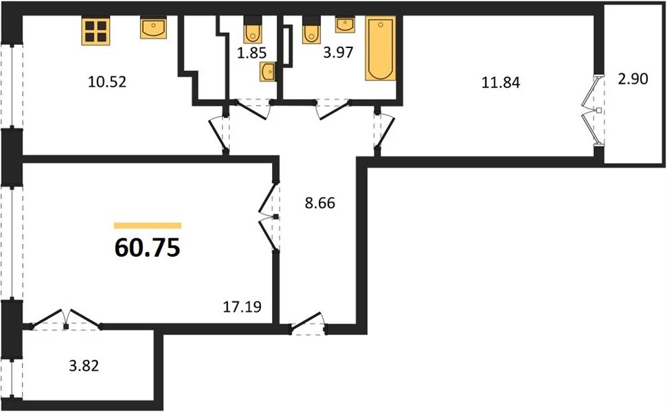 Квартира 2-комн. 60.75 кв. м