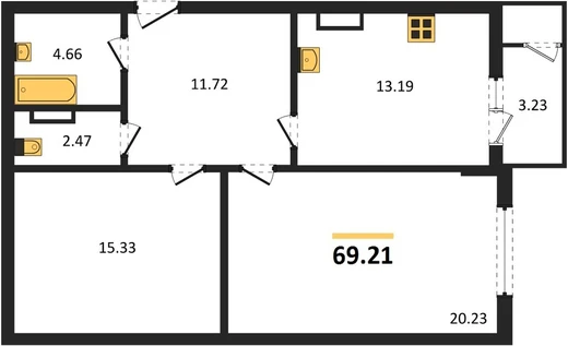 Квартира 1-комн. 69.21 кв. м