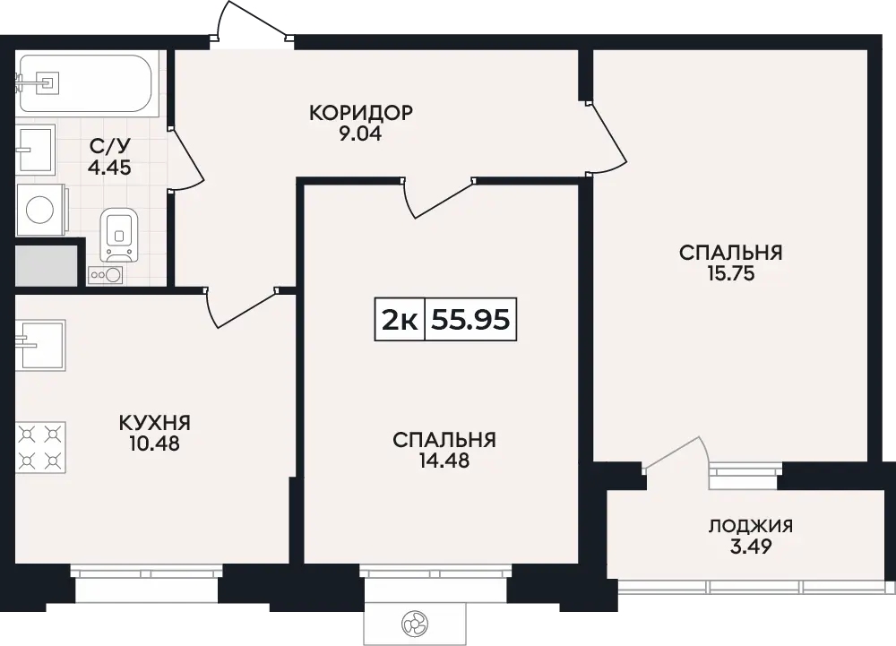 Квартира 2-комн. 55.95 кв. м