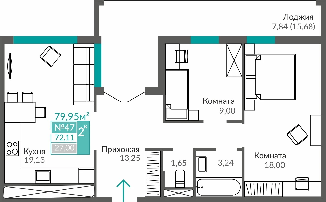 Квартира 2-комн. 72.11 кв.м