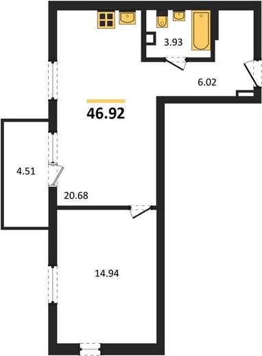 Квартира 1-комн. 46.77 кв. м