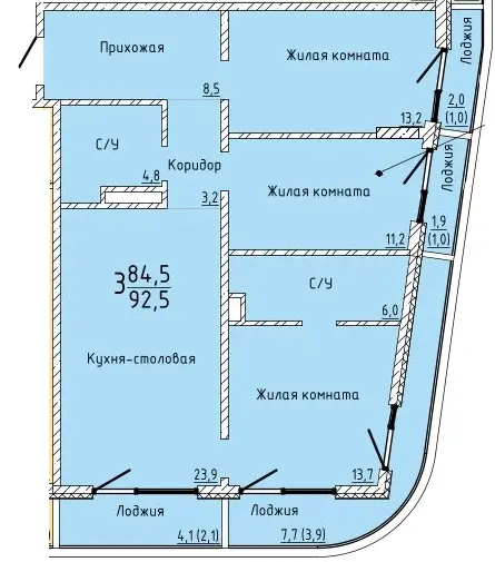 Квартира 3-комн. 92.5 кв. м
