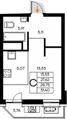 Квартира Студия 31.4 кв. м